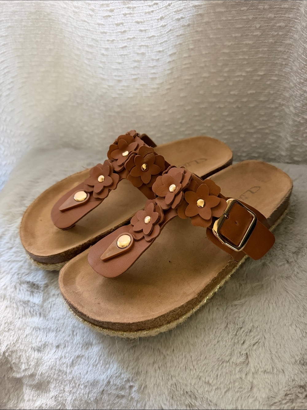 Brown Floral Thong Sandals with Buckle
